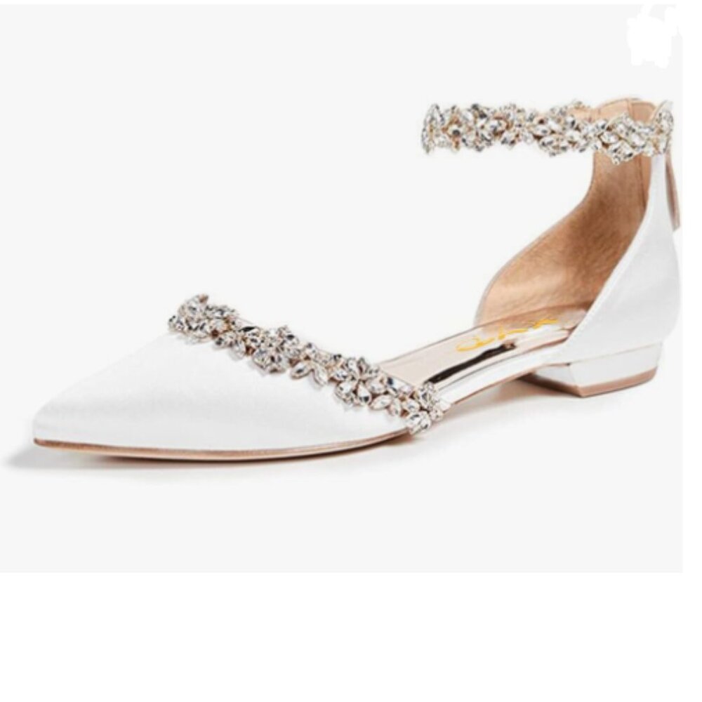 XYD White Pointed Toe Wedding Flat Sandals Sparkly Rhinestones Ankle Strap Shoes